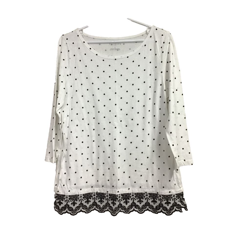 Talbots Polka Dot Eyelet Lace Detail 3/4 Sleeve Blouse Top Women's Size Small